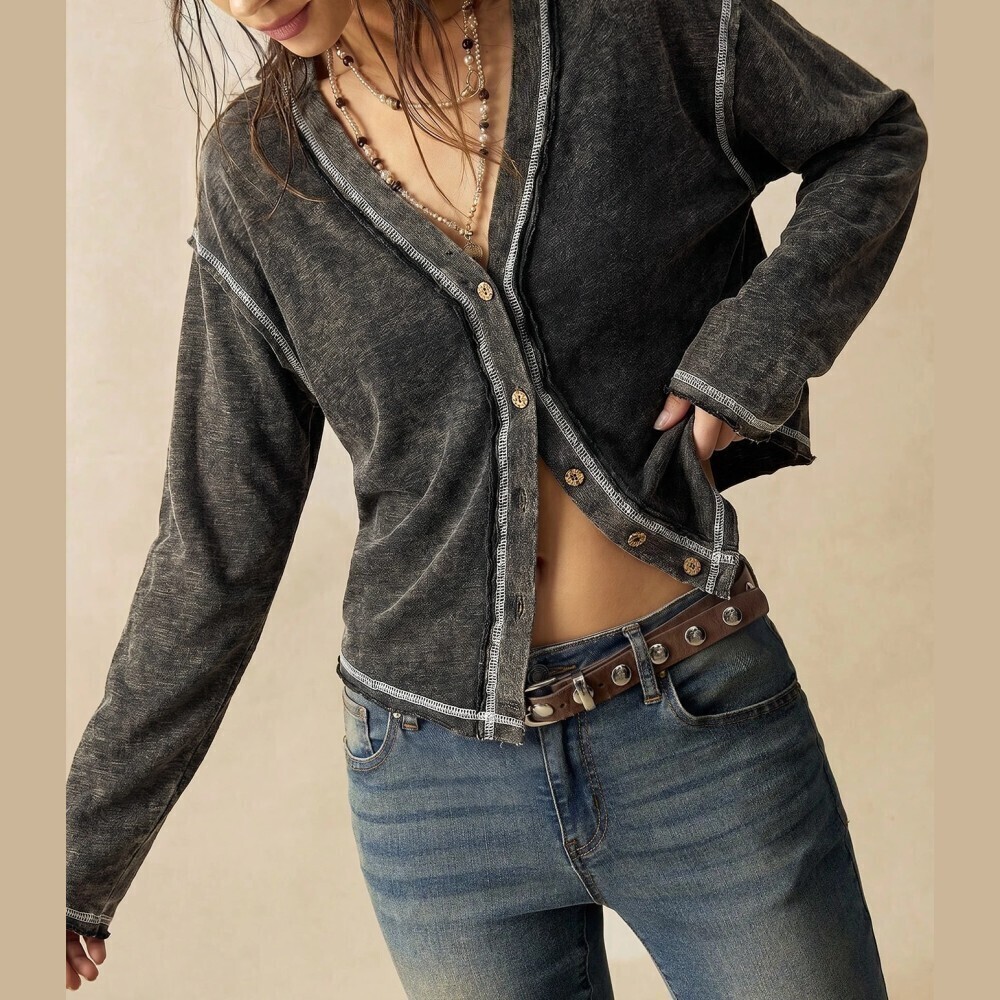 Charcoal Faded Acid Wash Contrast Stitch Button Front Cardigan